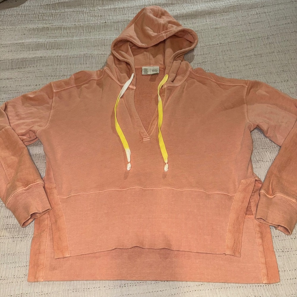 Saturday Sunday Anthropologie Peach V-Neck Hoodie Sweatshirt Side Slit Medium
